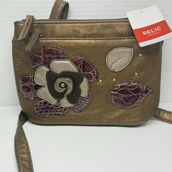 RELIC Flower Embossed Faux Leather Bronze Crossbody Bag New - Picture 2 of 9